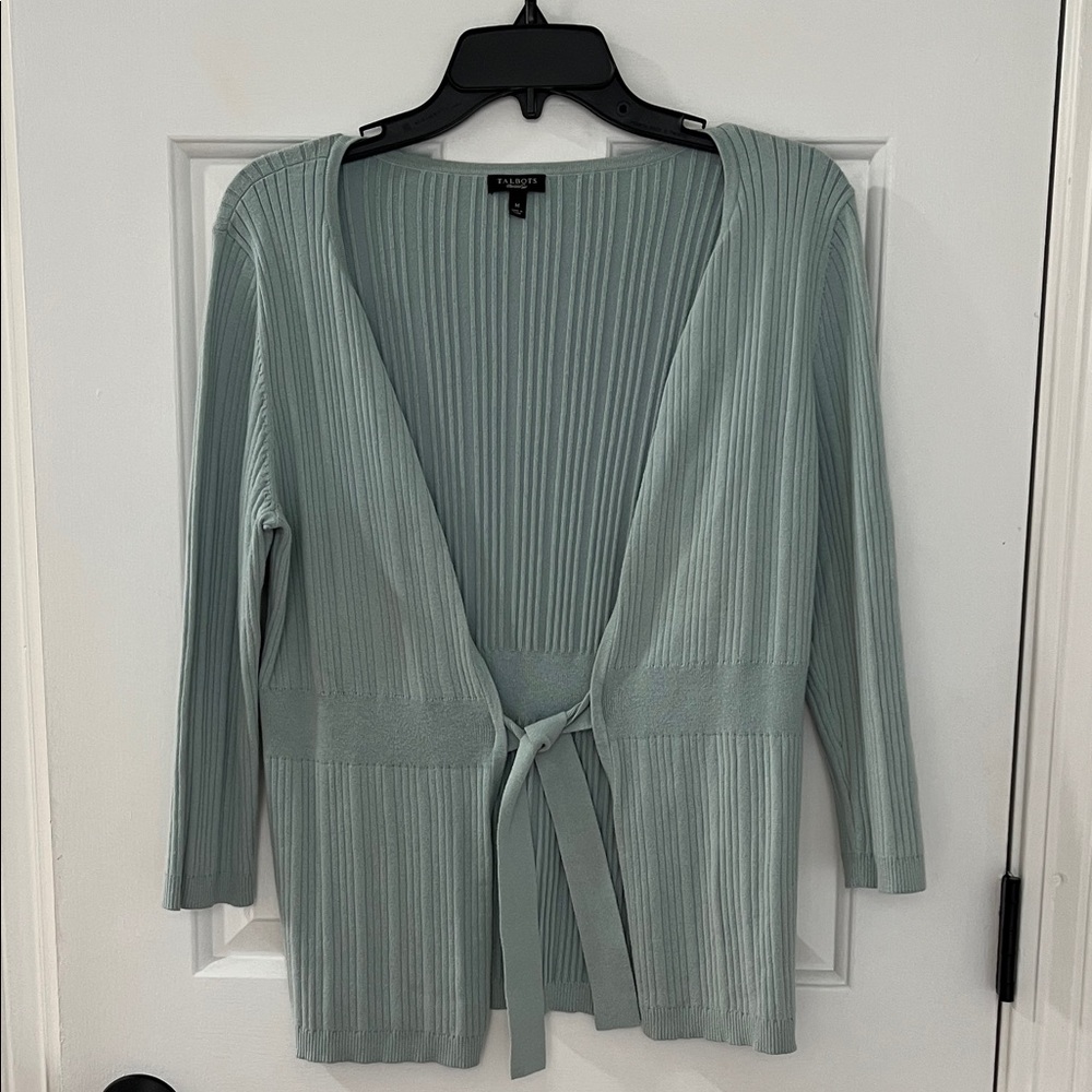 Talbots Light Green Ribbed Cardigan with Tie